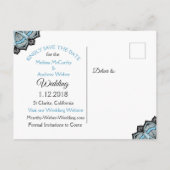 Blauw, zwart en wit huwelijk sparen de Datum Aankondigingskaart (Achterkant)