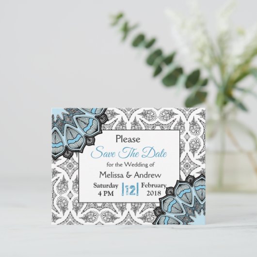 Blauw, zwart en wit huwelijk sparen de Datum Aankondigingskaart (Staand voorkant)