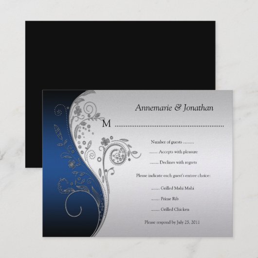 blauw zwart en zilver bloemig RSVP (Voorkant / Achterkant)