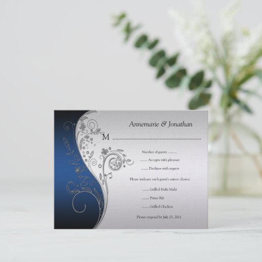 blauw zwart en zilver bloemig RSVP (Staand voorkant)