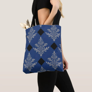 Blauw, Zwart en Zilver Canvas tas Damask Style
