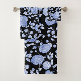 Blauw zwart  Floral Toile Black Bad Handdoek