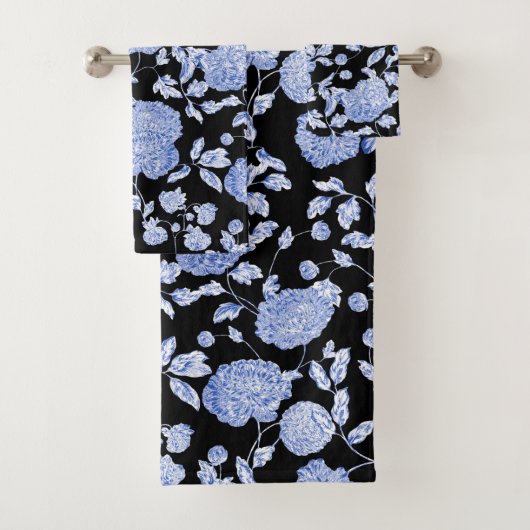 Blauw zwart  Floral Toile Black Bad Handdoek (Insitu)
