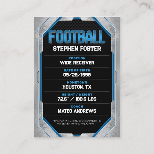Blauw & Zwart Football Trading Kaart Football Spel Contactkaartje (Achterkant)