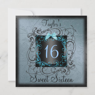 Blauw & Zwart Frame Sweet16 Verjaardagsuitnodiging Kaart