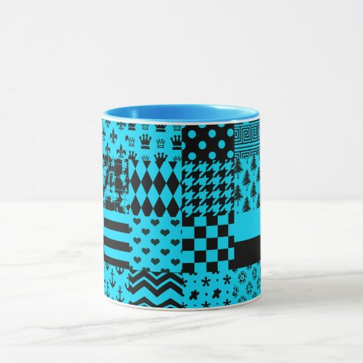 Blauw Zwart Gemengde Patchwork Patchwork Ontwerp Mok (Midden)