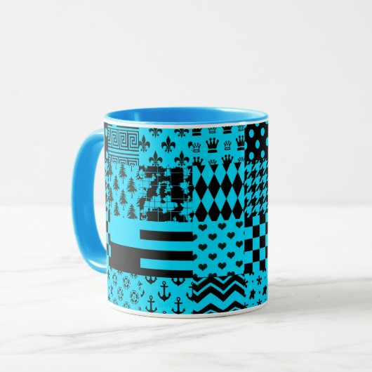 Blauw Zwart Gemengde Patchwork Patchwork Ontwerp Mok (Voorkant links)