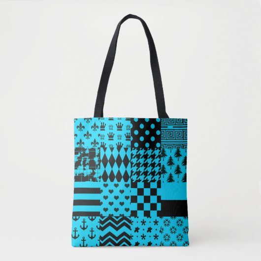 Blauw Zwart Gemengde Patchwork Patchwork Ontwerp Tote Bag (Voorkant)