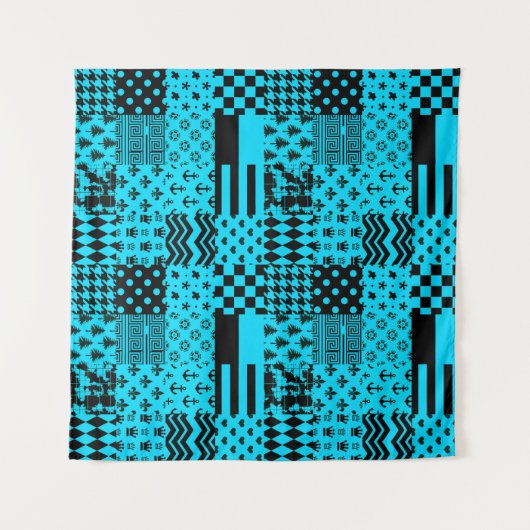 Blauw Zwart Gemengde Patchwork Patchwork Ontwerp Wandkleed (Voorkant (horizontaal))