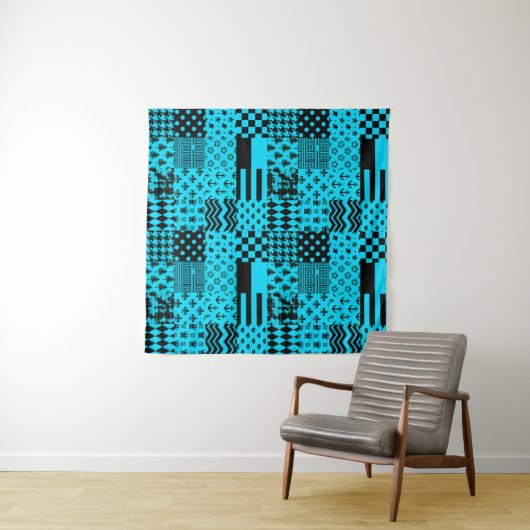 Blauw Zwart Gemengde Patchwork Patchwork Ontwerp Wandkleed (In Situ (horizontaal))