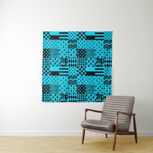 Blauw Zwart Gemengde Patchwork Patchwork Ontwerp Wandkleed (In situ)