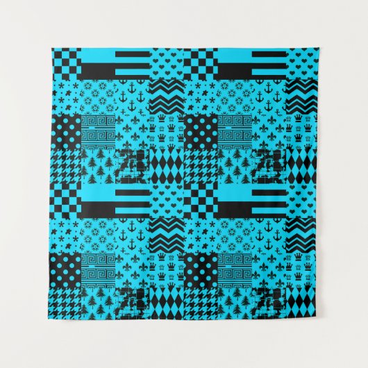 Blauw Zwart Gemengde Patchwork Patchwork Ontwerp Wandkleed (Voorkant)