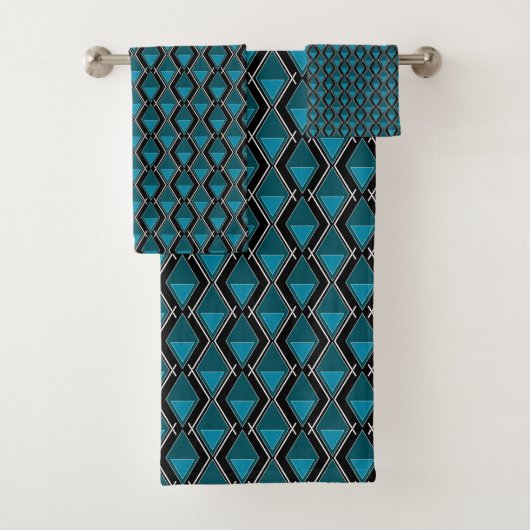 blauw zwart geometrisch patroon art deco bad handdoek (Insitu)