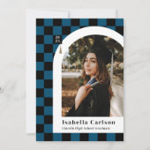 Blauw & zwart geruit afstudeerbericht met boog aankondiging (Voorkant)