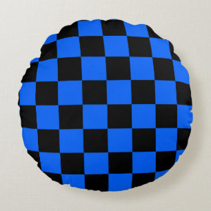 Blauw Zwart Geruit Geruite Patroon Rond Kussen