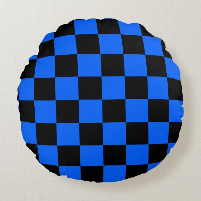 Blauw Zwart Geruit Geruite Patroon Rond Kussen (Voorkant)