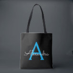 Blauw Zwart Girly Script Monogram Naam Modern Tote Bag<br><div class="desc">Zwart en blauw Elegant Voeg je eigen naam Monogram Book Bag. Deze boekentas kan worden aangepast om uw initiaal en voornaam op te nemen en als cadeau te geven voor kerst,  lieve 16-verjaardag,  Vrijgezellenfeest of een bruiloft.</div>