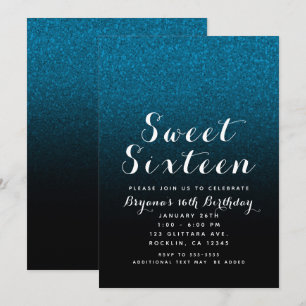 Blauw & Zwart Glitter Glam Sweet 16 Feest Kaart