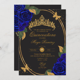 Blauw Zwart Goud Glitter Butterfly Quinceañera Kaart