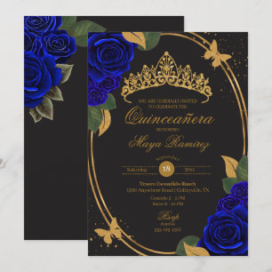 Blauw Zwart Goud Glitter Butterfly Quinceañera Kaart