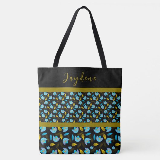 Blauw Zwart Goud Modern Custom Floral Tote Bag (Voorkant)