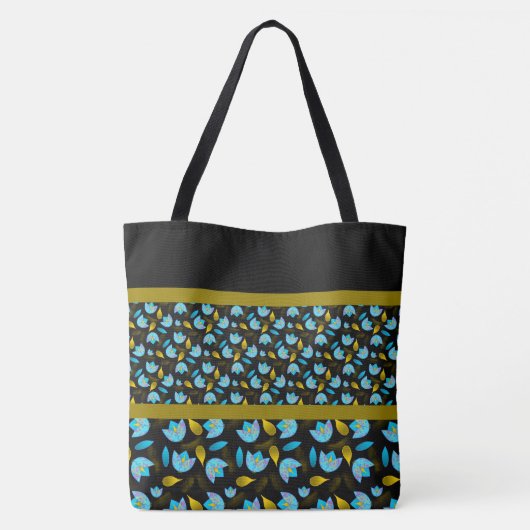 Blauw Zwart Goud Modern Custom Floral Tote Bag (Achterkant)