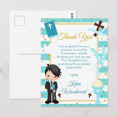 Blauw zwart haar jongen eerste communie dank je briefkaart (Voorkant / Achterkant)