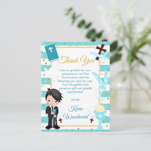 Blauw zwart haar jongen Eerste Communie Dank je we Briefkaart (Staand voorkant)