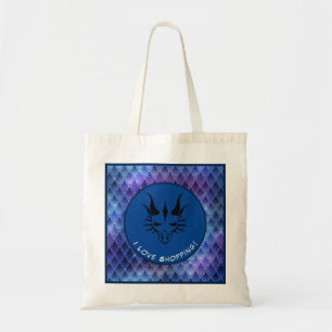 Blauw & zwart I-liefdeswinkeldrakenhoofd & schalen Tote Bag
