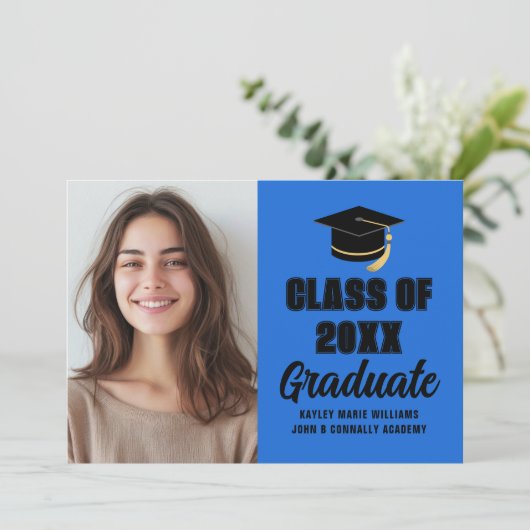Blauw Zwart Klasse van 2025 Afstuderen Foto Afstud Aankondiging (Staand voorkant)