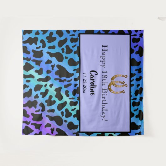 Blauw & Zwart Koe Vlekken, Goud Hoefijzer Verjaard Wandkleed