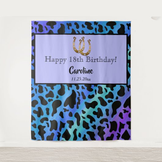 Blauw & Zwart Koe Vlekken, Goud Hoefijzer Verjaard Wandkleed (Voorkant)