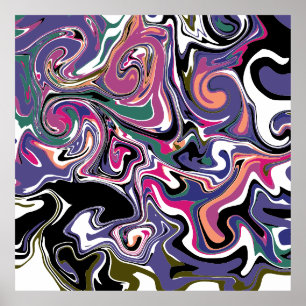 Blauw, zwart, koraal, witte zwepen, marmer als kun poster