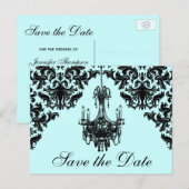 Blauw, Zwart Kroonluchter Damask Save the Date Kaa Aankondigingskaart (Voorkant / Achterkant)
