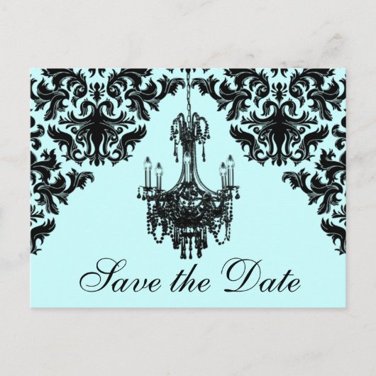 Blauw, Zwart Kroonluchter Damask Save the Date Kaa Aankondigingskaart (Voorkant)