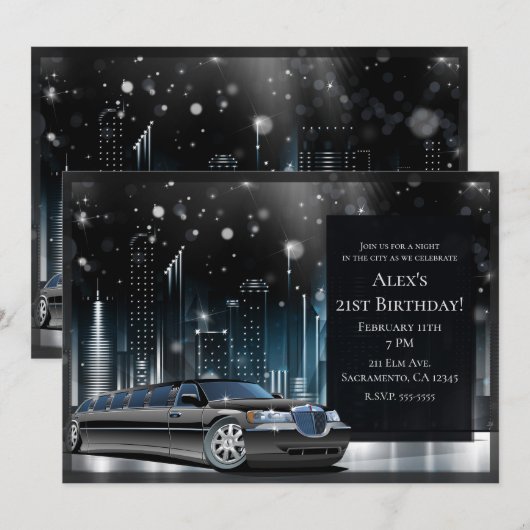 Blauw & Zwart Limo Nacht in de Stad Verjaardagsfee Kaart (Voorkant / Achterkant)