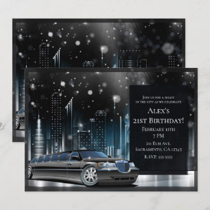 Blauw & Zwart Limo Nacht in de Stad Verjaardagsfee Kaart