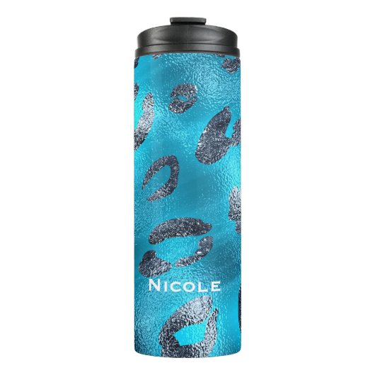 Blauw & Zwart Luipaardprint Vlekken Custom Thermosbeker (Voorkant)