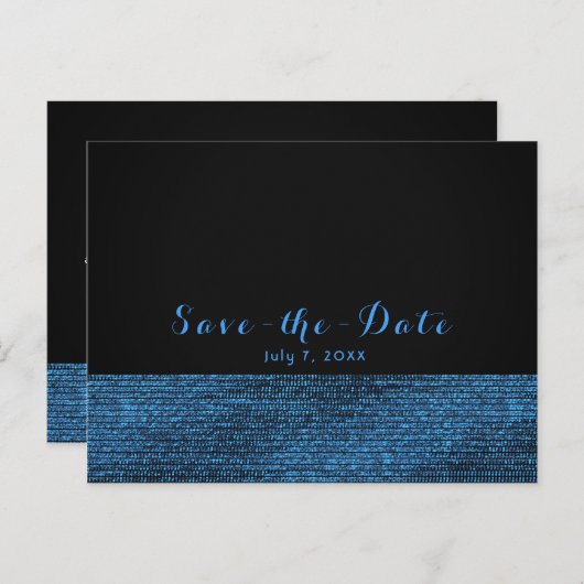 Blauw & Zwart Modern Glam Sequins Sla de datum op Aankondigingskaart (Voorkant / Achterkant)