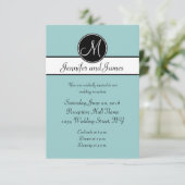 Blauw Zwart Monogram Eenvoudige Trouwreceptiekaart Kaart (Staand voorkant)