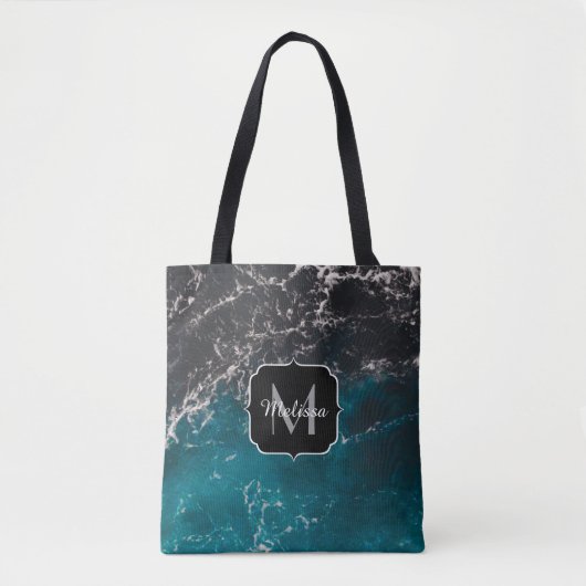 Blauw zwart ombre zee Monogram Tote Bag (Voorkant)
