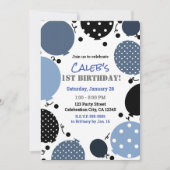 Blauw & Zwart Polka Dot Balloons 1e Verjaardagsfee Kaart (Voorkant)