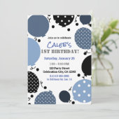 Blauw & Zwart Polka Dot Balloons 1e Verjaardagsfee Kaart (Staand voorkant)