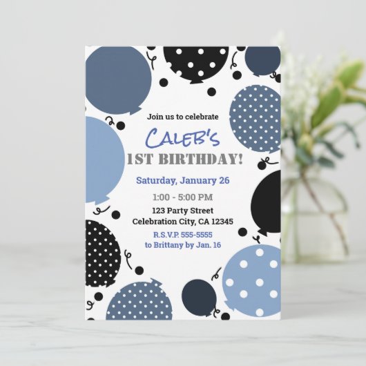Blauw & Zwart Polka Dot Balloons 1e Verjaardagsfee Kaart (Staand voorkant)