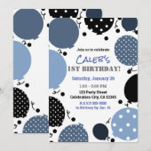 Blauw & Zwart Polka Dot Balloons 1e Verjaardagsfee Kaart (Voorkant / Achterkant)