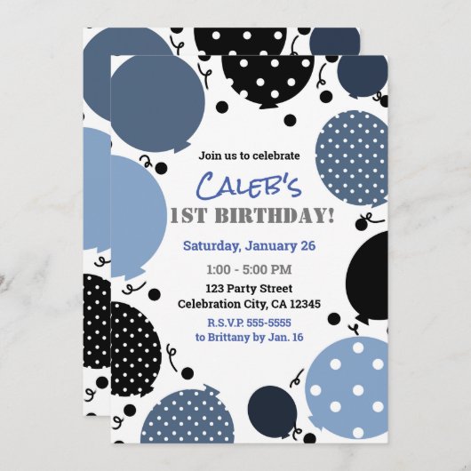 Blauw & Zwart Polka Dot Balloons 1e Verjaardagsfee Kaart (Voorkant / Achterkant)