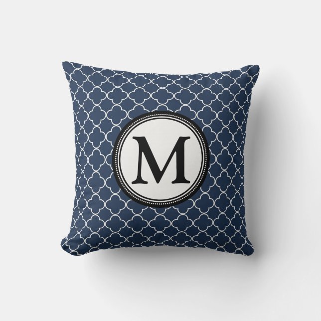 Blauw zwart Quatrefoil Monogram Decoratief Pillow Kussen (Voorkant)