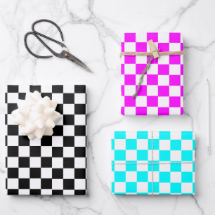Blauw Zwart Roze Retro Chess Patroon Inpakpapier Vel