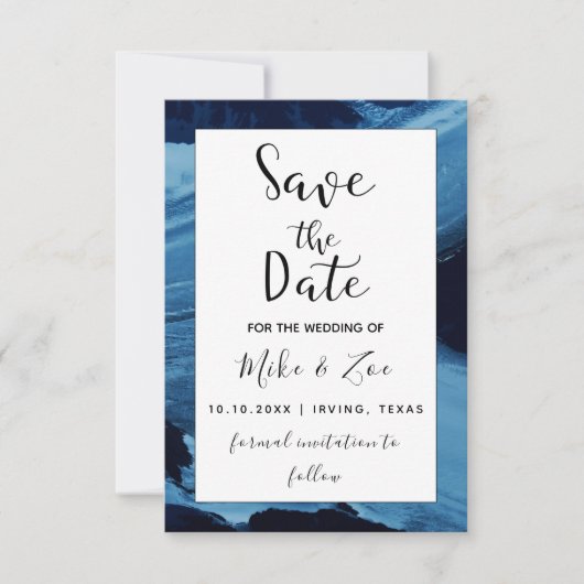 Blauw & Zwart Schilderkwaststreek Kunst Elegant Mo Save The Date (Voorkant)