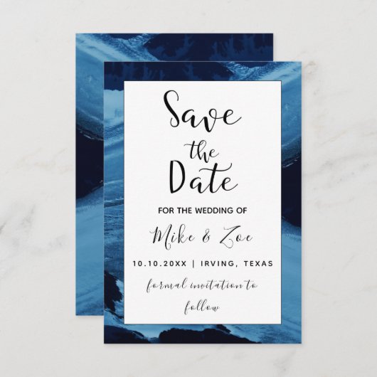 Blauw & Zwart Schilderkwaststreek Kunst Elegant Mo Save The Date (Voorkant / Achterkant)